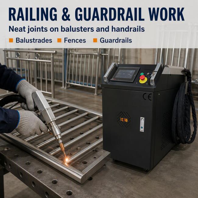 Handheld fiber laser welding machine for railing and guardrail fabrication with neat weld joints on balusters and handrails