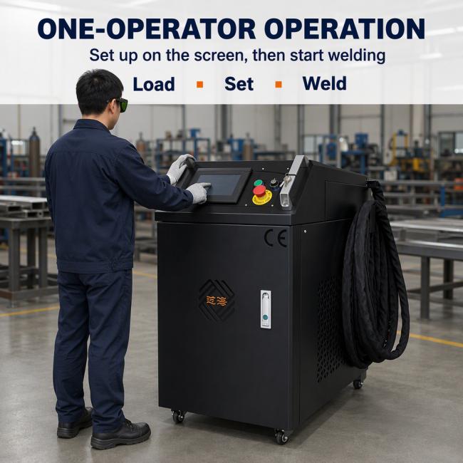 One-operator handheld fiber laser welding machine with mobile cabinet and 7-inch touch screen control panel