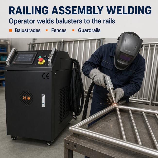 Handheld fiber laser welding machine welding baluster to rail for stainless steel railing assembly