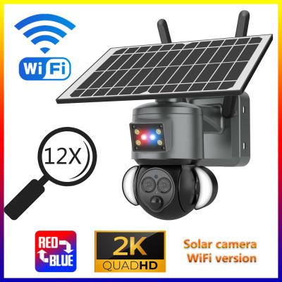 China PTZ 12X Zoom Smart Floodlight Solar Wifi Camera Red Blue Warning for sale