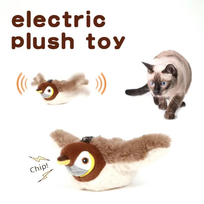 Smart Electric Rechargeable Plush Flapping Bird Toy Touch Activated Sparrow Chirp Tweet Pet Interactive Movement Toy Dogs Cats