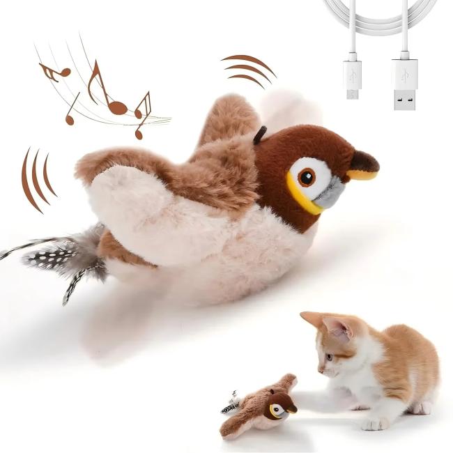 Smart Electric Rechargeable Plush Flapping Bird Toy Touch Activated Sparrow Chirp Tweet Pet Interactive Movement Toy Dogs Cats