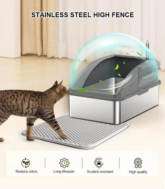 Stainless Steel Cat Litter Box XL Enclosed Cat Toilet with Lid High Sided Anti-Urine Leakage Non-Stick Bottom&Metal Scoop OEM