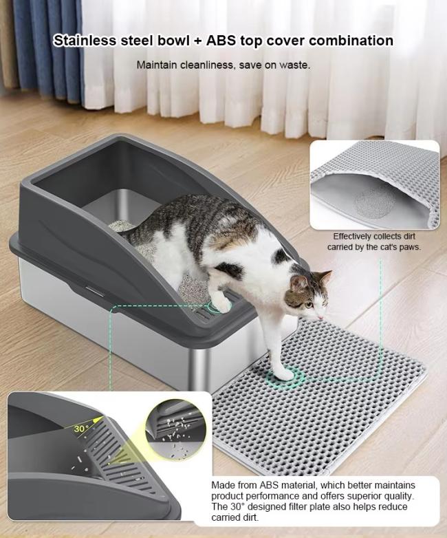 Stainless Steel Cat Litter Box XL Enclosed Cat Toilet with Lid High Sided Anti-Urine Leakage Non-Stick Bottom&Metal Scoop OEM