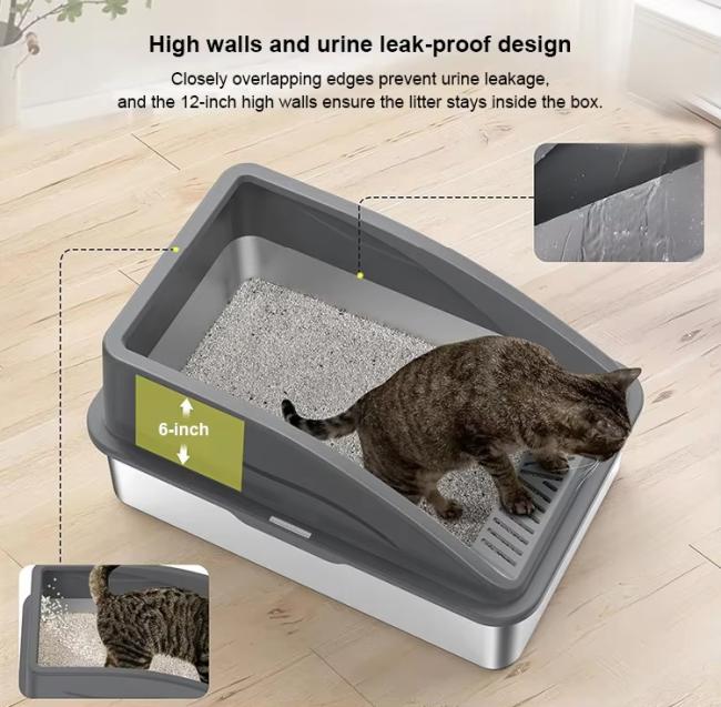 Stainless Steel Cat Litter Box XL Enclosed Cat Toilet with Lid High Sided Anti-Urine Leakage Non-Stick Bottom&Metal Scoop OEM