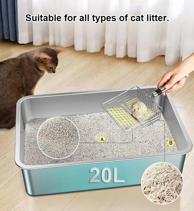 Stainless Steel Cat Litter Box XL Enclosed Cat Toilet with Lid High Sided Anti-Urine Leakage Non-Stick Bottom&Metal Scoop OEM