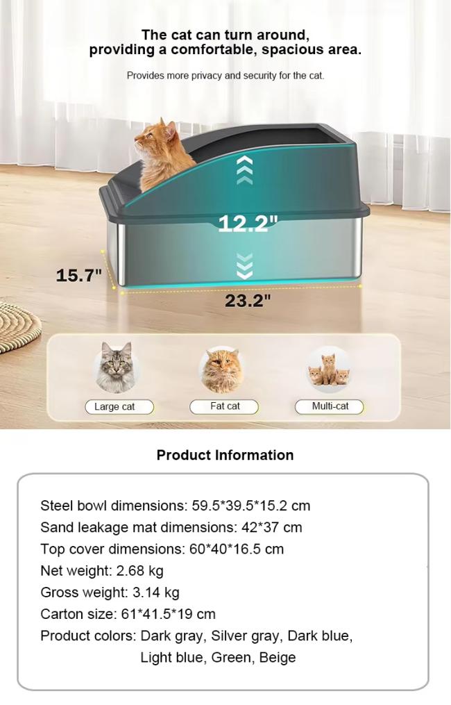 Stainless Steel Cat Litter Box XL Enclosed Cat Toilet with Lid High Sided Anti-Urine Leakage Non-Stick Bottom&Metal Scoop OEM