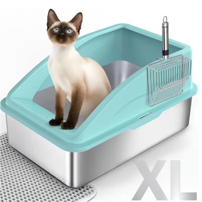 Stainless Steel Cat Litter Box XL Enclosed Cat Toilet with Lid High Sided Anti-Urine Leakage Non-Stick Bottom&Metal Scoop OEM