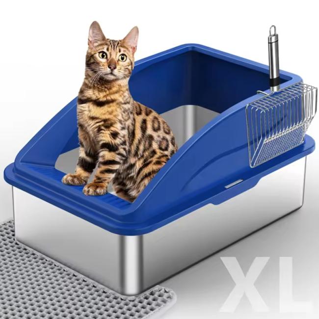 Stainless Steel Cat Litter Box XL Enclosed Cat Toilet with Lid High Sided Anti-Urine Leakage Non-Stick Bottom&Metal Scoop OEM