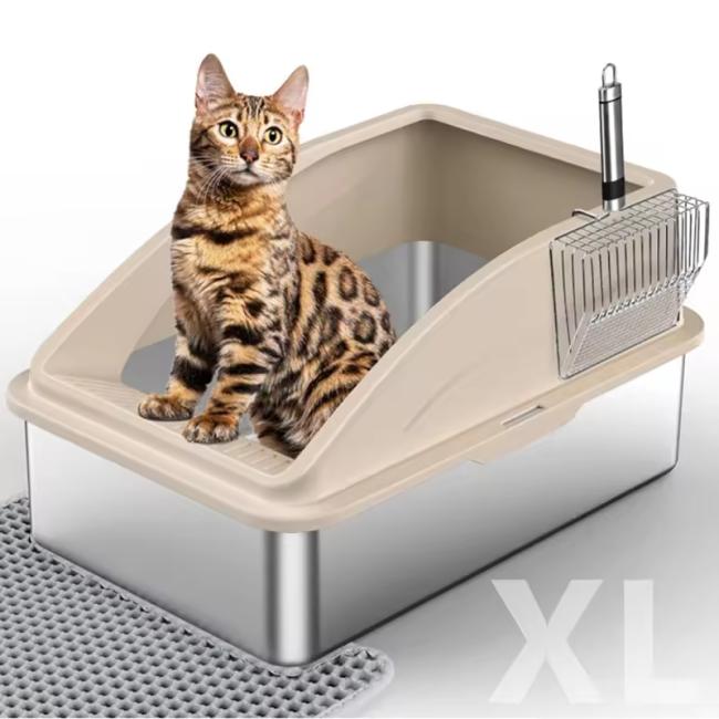 Stainless Steel Cat Litter Box XL Enclosed Cat Toilet with Lid High Sided Anti-Urine Leakage Non-Stick Bottom&Metal Scoop OEM