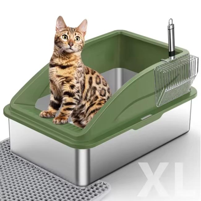 Stainless Steel Cat Litter Box XL Enclosed Cat Toilet with Lid High Sided Anti-Urine Leakage Non-Stick Bottom&Metal Scoop OEM