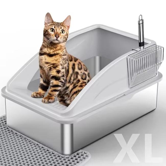 Stainless Steel Cat Litter Box XL Enclosed Cat Toilet with Lid High Sided Anti-Urine Leakage Non-Stick Bottom&Metal Scoop OEM