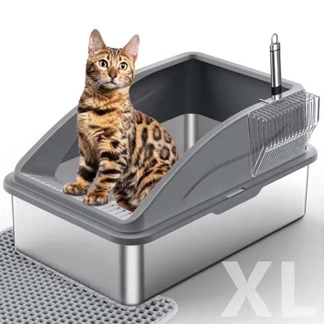 Stainless Steel Cat Litter Box XL Enclosed Cat Toilet with Lid High Sided Anti-Urine Leakage Non-Stick Bottom&Metal Scoop OEM