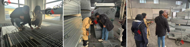 Steel grating client visiting the GNEE STEEL facility to inspect hot-dip galvanized stair treads and welded grating panels