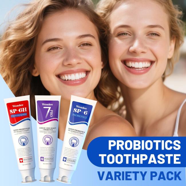 SP-6 Probiotic Toothpaste Set featuring three specialized toothpaste tubes for comprehensive oral care
