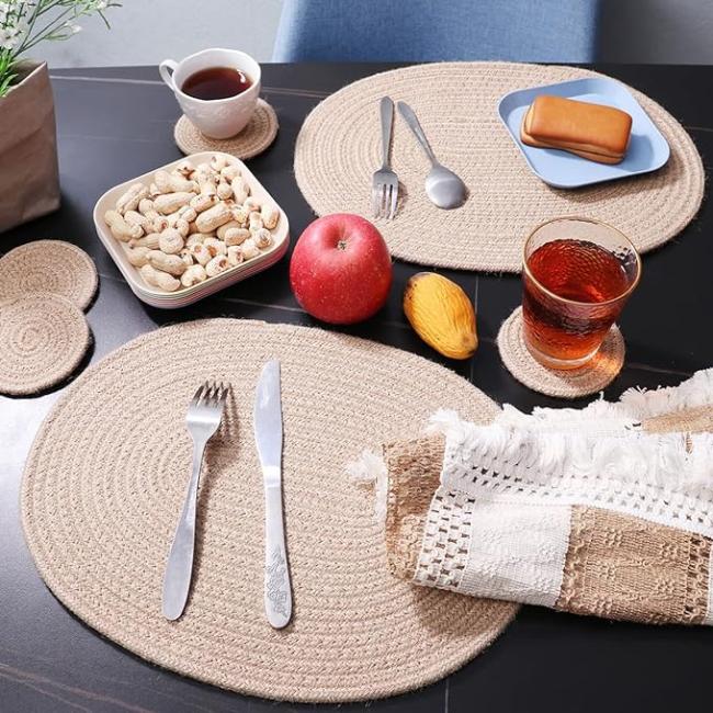 Round Braided Placemats Dinner Kitchen Set Tables Woven Heat Resistant Washable Non-Slip Place Mats
