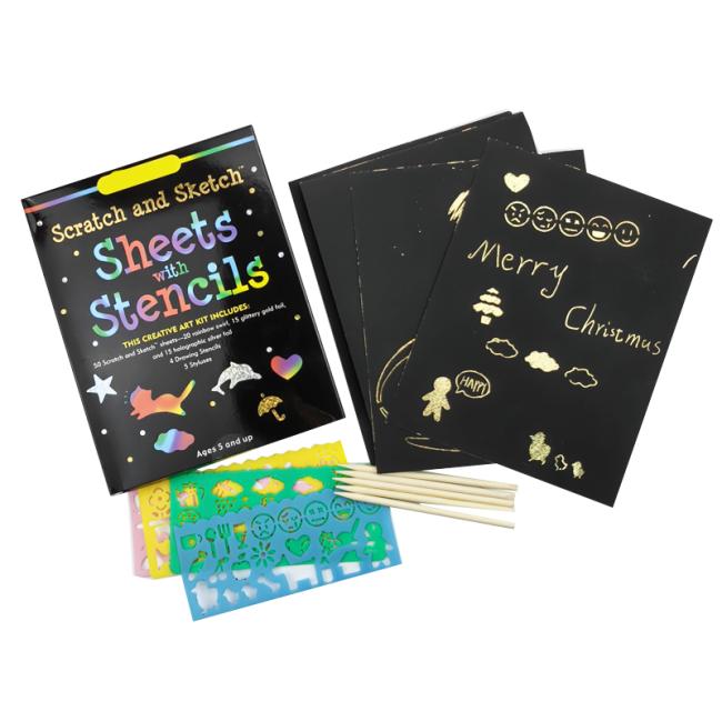 Magic Scratch Art Paper Off Set with Template Wooden Club Tool