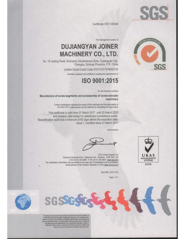 ISO 9001:2015 - Joiner Machinery Co., Ltd.