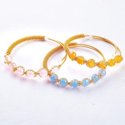 China Wire Wrapped Healing Round Bead Gemstone Bangle Bracelet Jewelry for sale