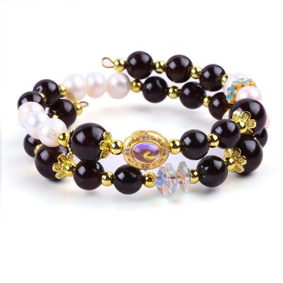 China Custom DIY 8MM Garnet And White Pearl With Flower Spacer Bead Double Bangle For Daily Wear for sale