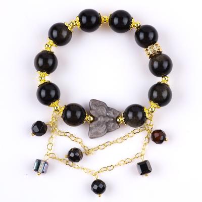 China Semi-Precious Stone Golden Obsidian With Silver Obsidian Butterfly Round Shape Bead Bracelet for sale
