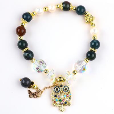China Handmade Gemstone Beaded Bracelet Natural Indian Agate Stone Bracelet Adjustable Owl Charms Bracelet For Party Daily for sale