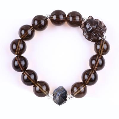 China 14mm Bead Smoky Quartz Crystal Bead Bracelet With Nine Tail Fox Carving for sale