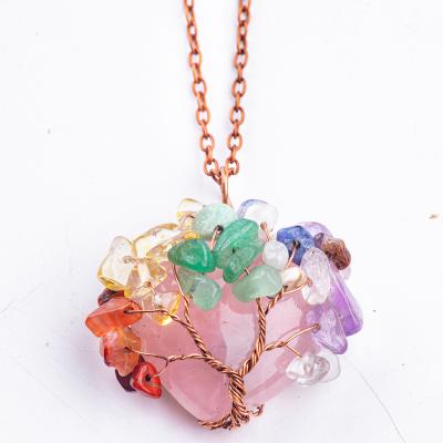 China Rose Quartz Heart Shape Crystal Tree Chakra Gem Necklace for sale