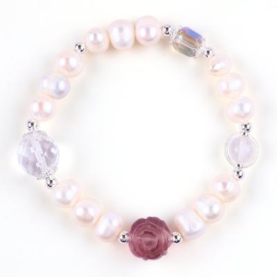 China Natural Freshwater Pearl Bracelet Elastic With Purple Fluorite Rose Flower Carving for sale