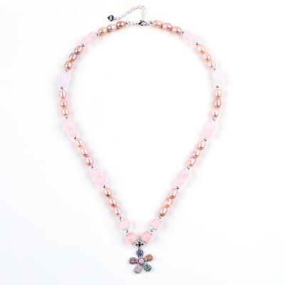 China Fresh Water Pearl Necklace Rose Quartz 6mm Beads Crystal Sweater Necklace for sale
