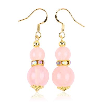 China Healing Energy Pink Rose Quartz Crystal Short Dangle Round Shape Bead Hook Earring For Daily Wear for sale