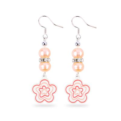China 8mm Beads Pink Freshwater Pearls Dangle Hook Earrings Flower Charm for sale