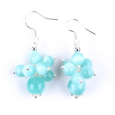 China Handmade Light Lake Blue Jade Healing Spiritual Round Bead  Flower Dangle Earring For Jewelry Gift for sale