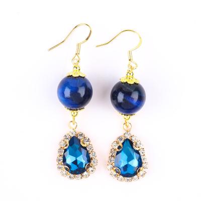China Custom 12MM Crystal Stone Blue Tiger Eye With Blue Sparkling Tear Drop Charm Short Earring For Gift Giving for sale
