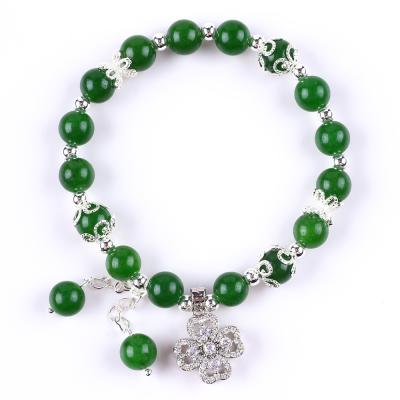 China 8MM Darker Green Jade Stone With Spinner Flower Charm Spiritual Healing Round Shape Stretch Bead Bracelet for sale