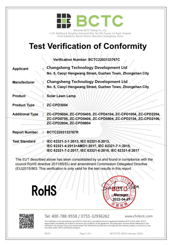 ROHS Directive 2011/65/EU and amendment Commission DelegatedDirective (EU) 2015/863 - Changsheng Solar Technology Development Ltd 