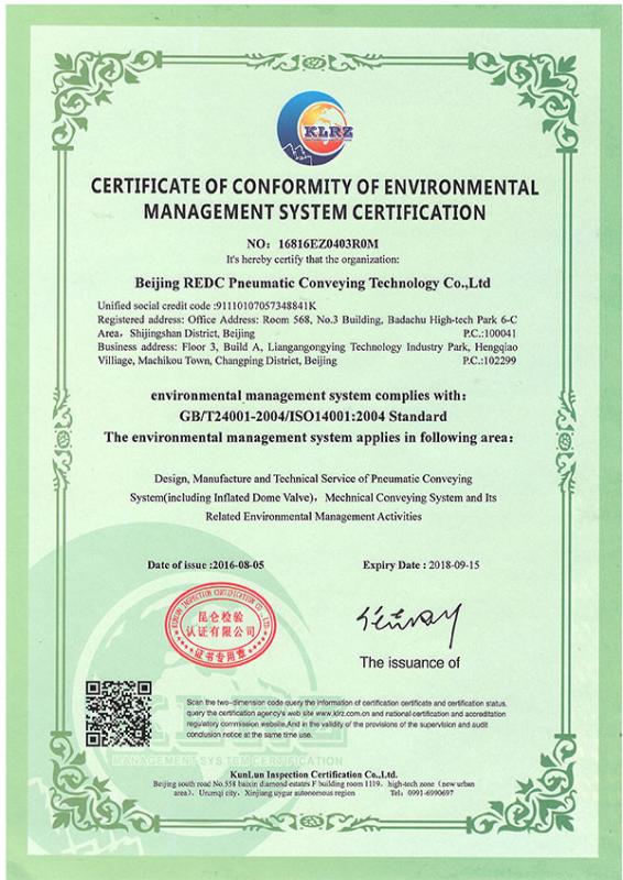 ISO14001 - Beijing REDC Pneumatic Conveying Technology Co.,Ltd