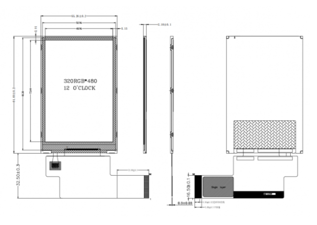 3.5-inch TFT LCD Display Module mechanical dimensions diagram
