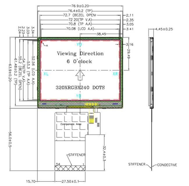 3.5 inch TFT LCD screen technical drawing and dimensions