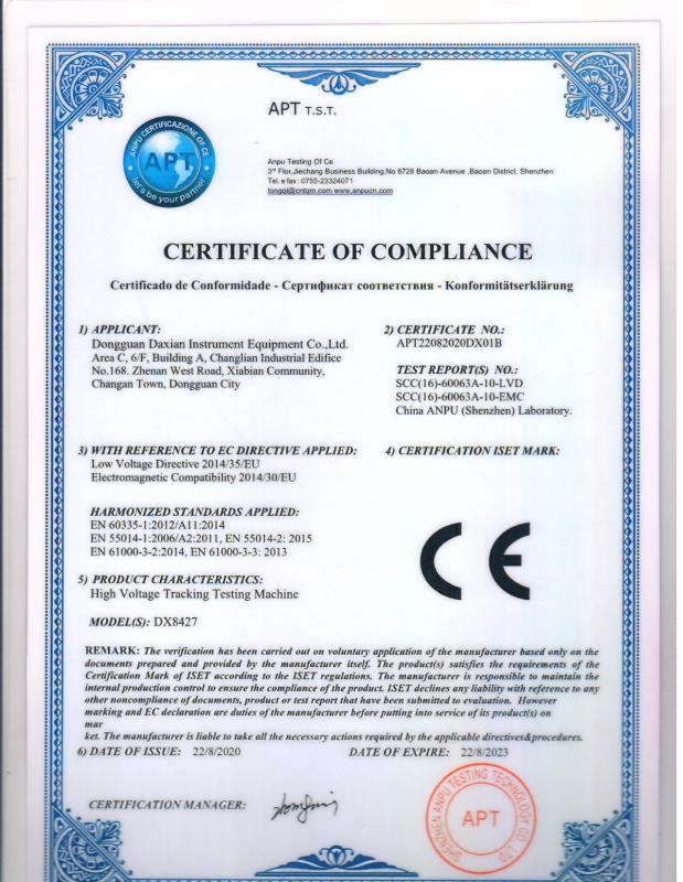 CE certificate - DONGGUAN DAXIAN INSTRUMENT EQUIPMENT CO.,LTD