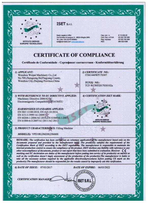 Certificate of Compliance - Wenzhou Weipai Machinery Co.,LTD