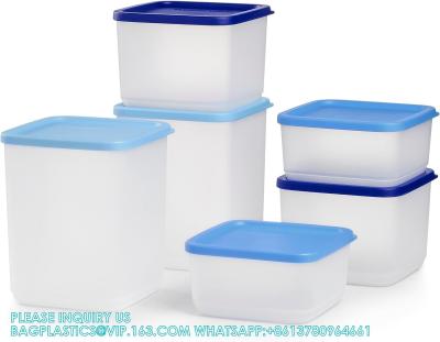 China Stacking Square Storage Set - Dishwasher Safe & BPA Free - (6 Clear Containers + 6 Blue Lids) for sale