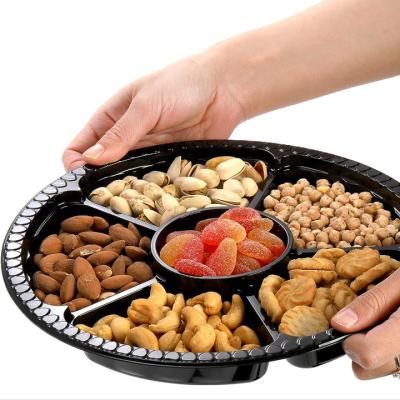 China 10 Inch Disposable Divided Plastic Food Tray Platter Appetizer Tray With Lid Round Plastic Serving Tray for sale