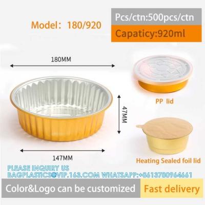 China 180mm Diameter 920ml Smooth Wall Gold Disposable Tin Foil Tray Aluminium Foil Food Container With Pla Heat Seal Lid for sale