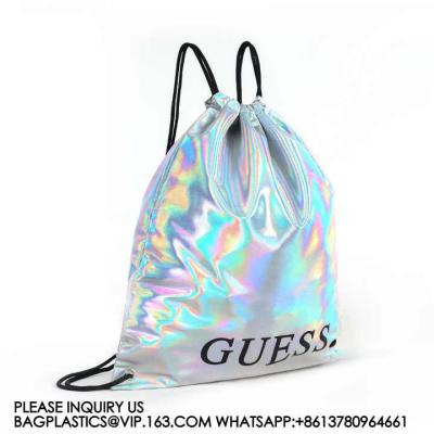 China Metallic Backpack, Soft Iridescent PU Drawstring Backpack Silver PU Drawstring Bag, Drawstring Backpack Gym Sack for sale