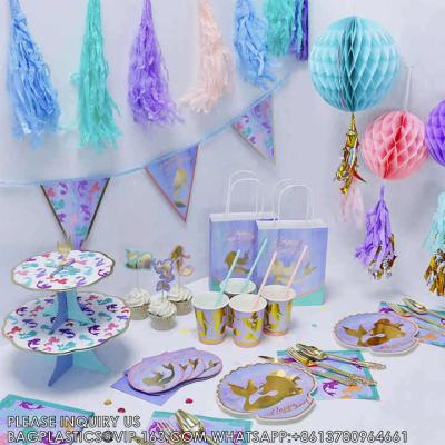 China Mermaid Birthday Party Supplies Gift Bag Invitation Card Tableware Set Cake Toppers Mermaid Tableware Supplies for sale