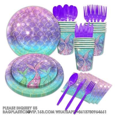 China Mermaid Theme Tableware Set Mermaid Disposable Paper Plate Dinnerware Set Birthday Party Supplies for sale