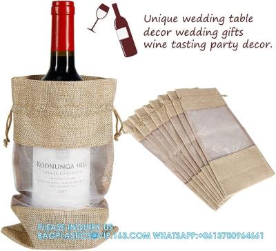 China Jute Wine Bags, 10pcs Burlap Wine Bottle Gift Bags 750ml With Sheer Window Organza Hessian Drawstring Gift Bags for sale