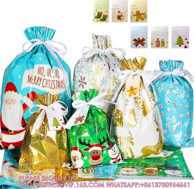 China Package Holiday Drawstring Gift Bags With Tags, Christmas Foil Gift Wrapping Sacks Pouches For Xmas Presents Party for sale