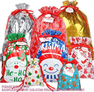 China Assorted Sizes, Reusable Plastic Santa Wrapping Gift Bag In 8 Sizes And 8 Designs With Tags Xmas Holiday Presents for sale